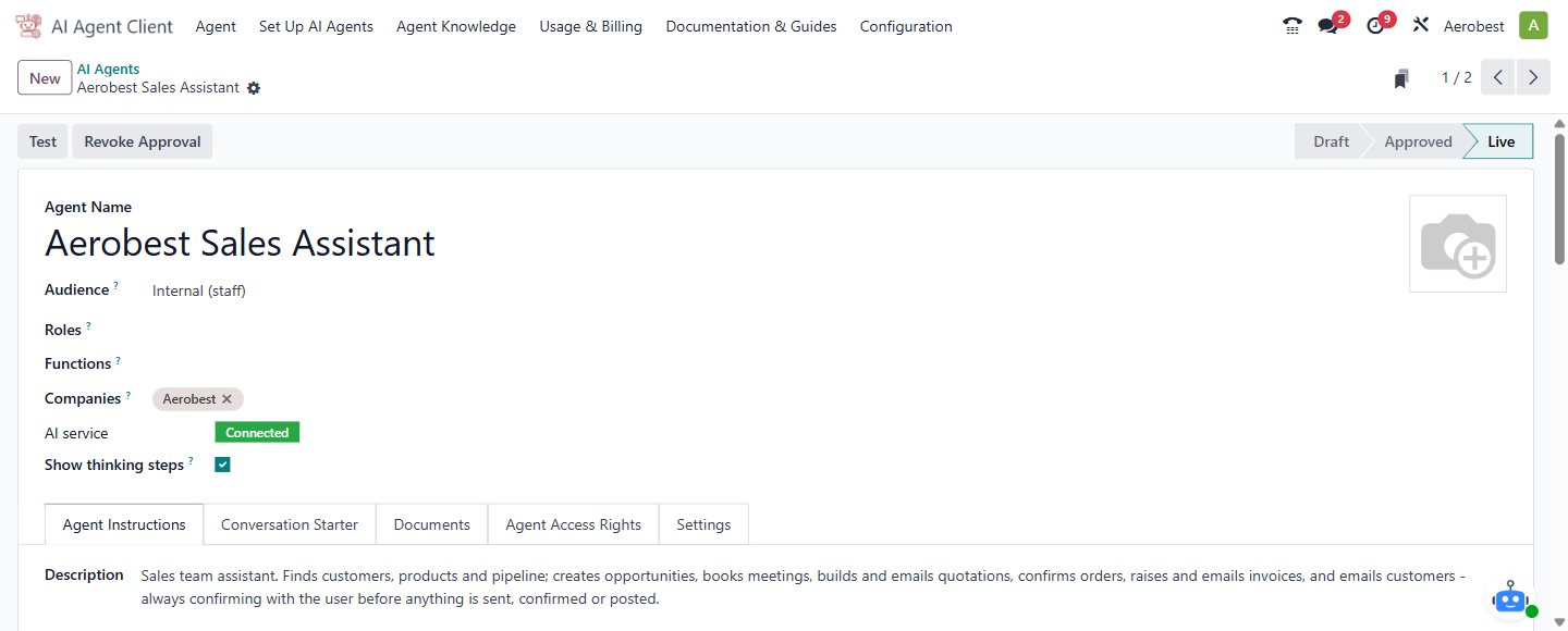 An agent's form: its name, companies and AI service status, above the tabs