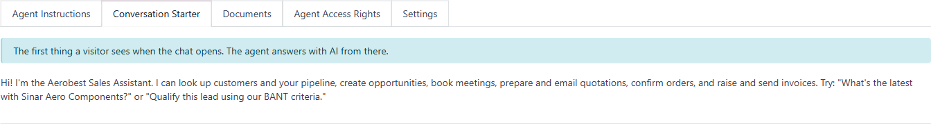 The Conversation Starter tab with the agent's opening line