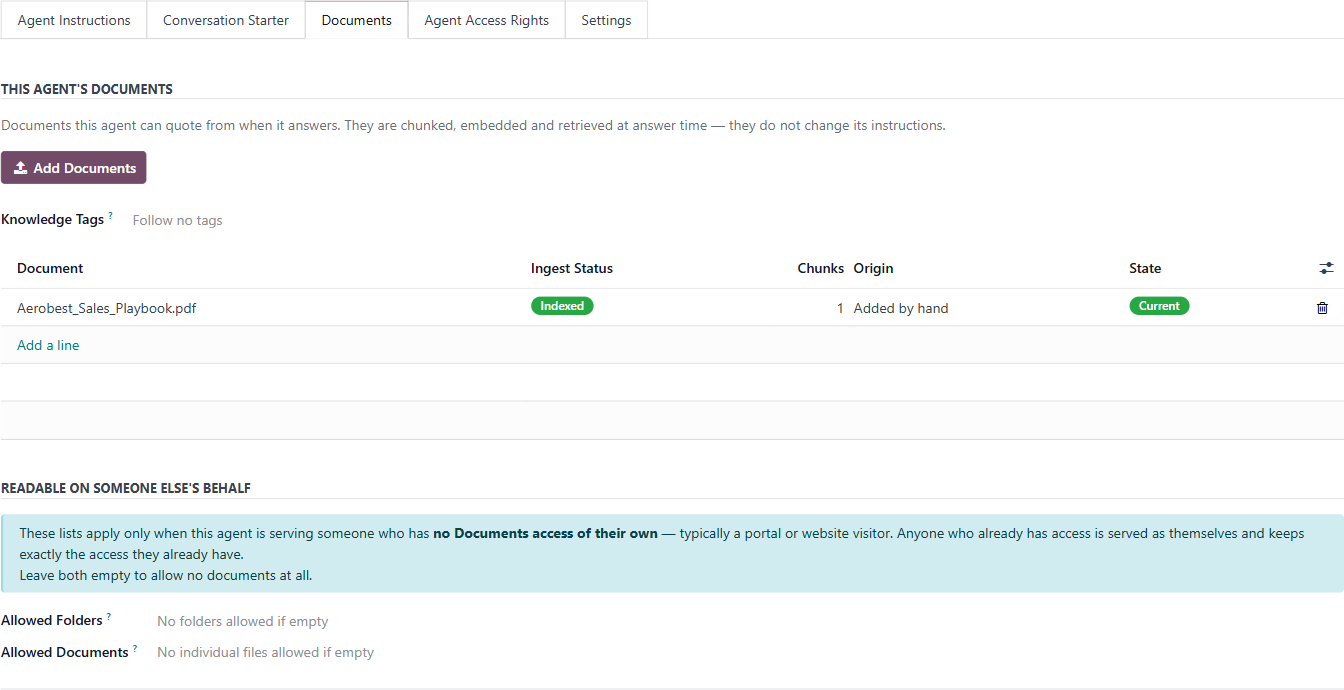 An agent's Documents tab: its documents, the knowledge tags and the Readable on Someone Else's Behalf lists