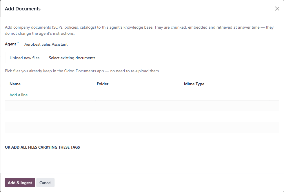 The Add Documents dialog on its Select existing documents tab, with the option to add every file carrying chosen tags