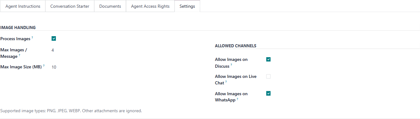 The Settings tab: image handling and the channels that allow images