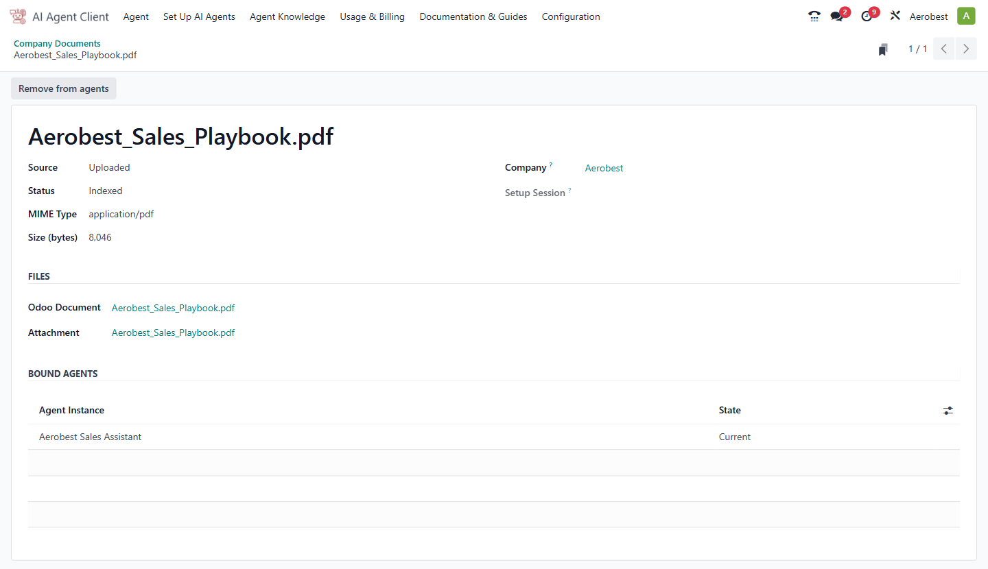 A knowledge document's detail view, with the agents it is bound to