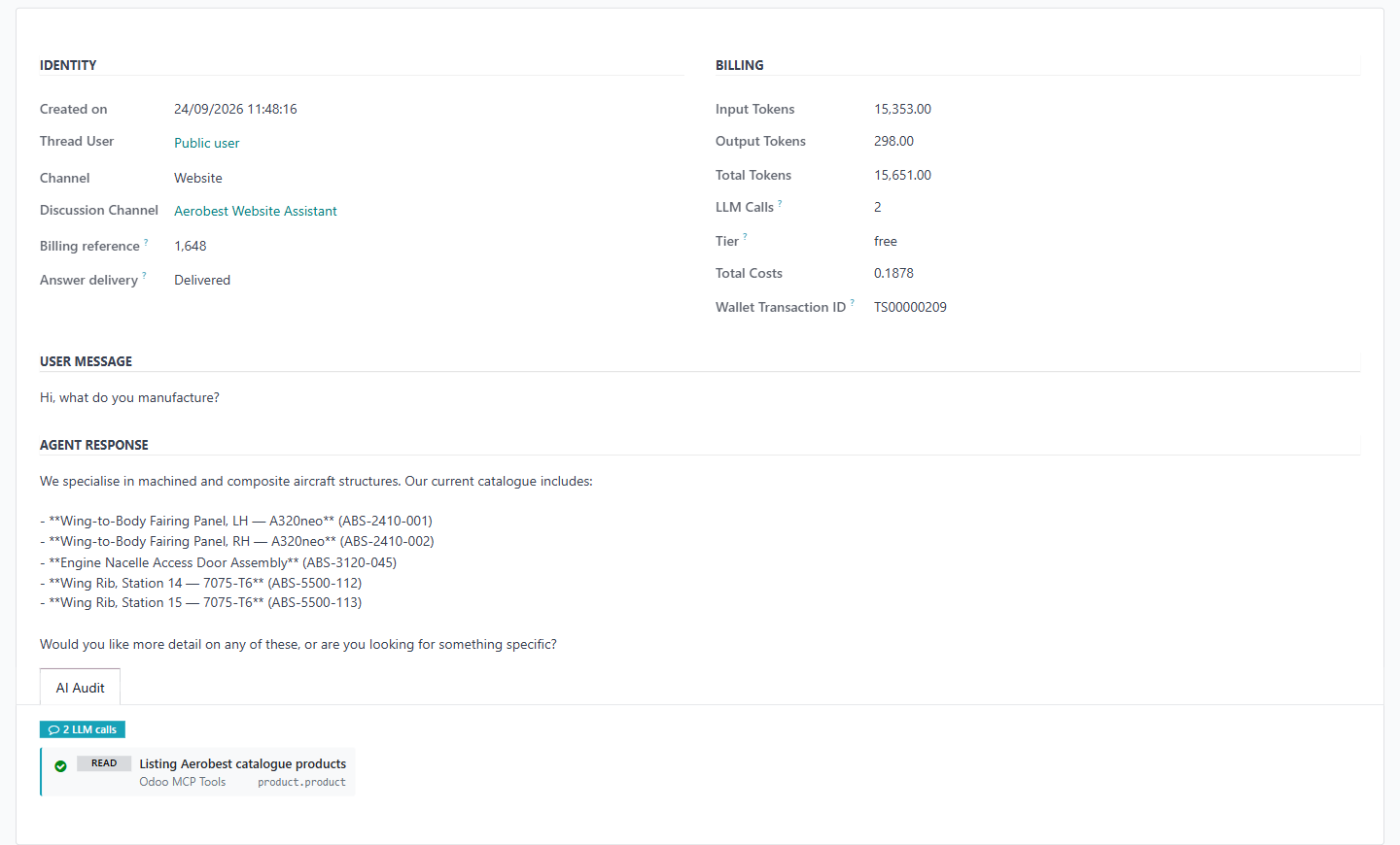 A message's detail view: identity, billing, the exchange and the AI Audit tab