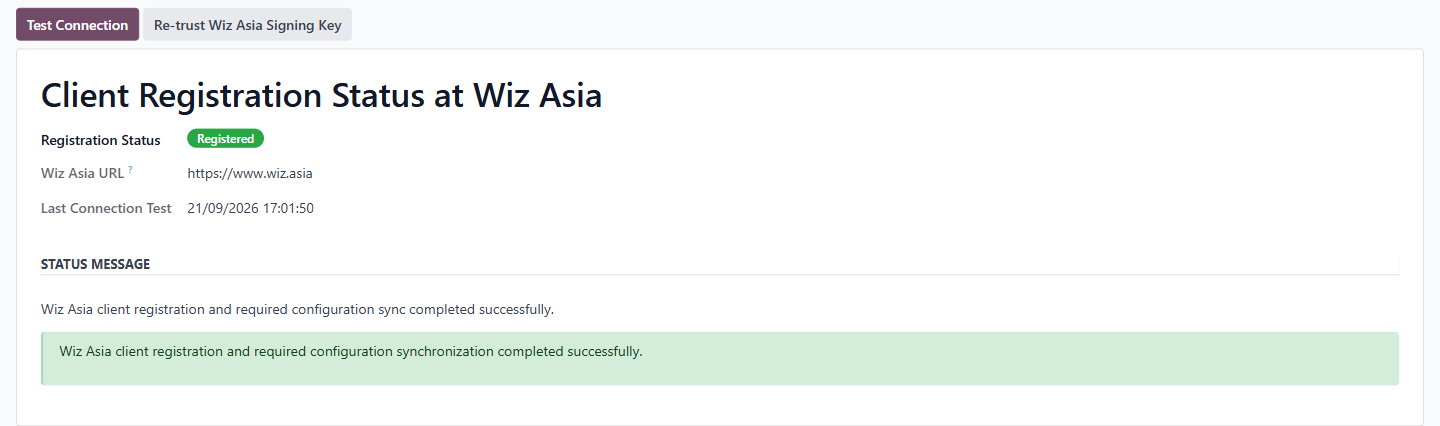 The Connection and Registration Status screen for a registered database