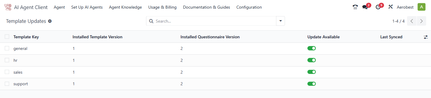 The Template Updates list after Check for Updates, with updates available