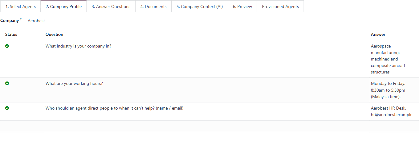 The Company Profile tab with its shared company questions answered