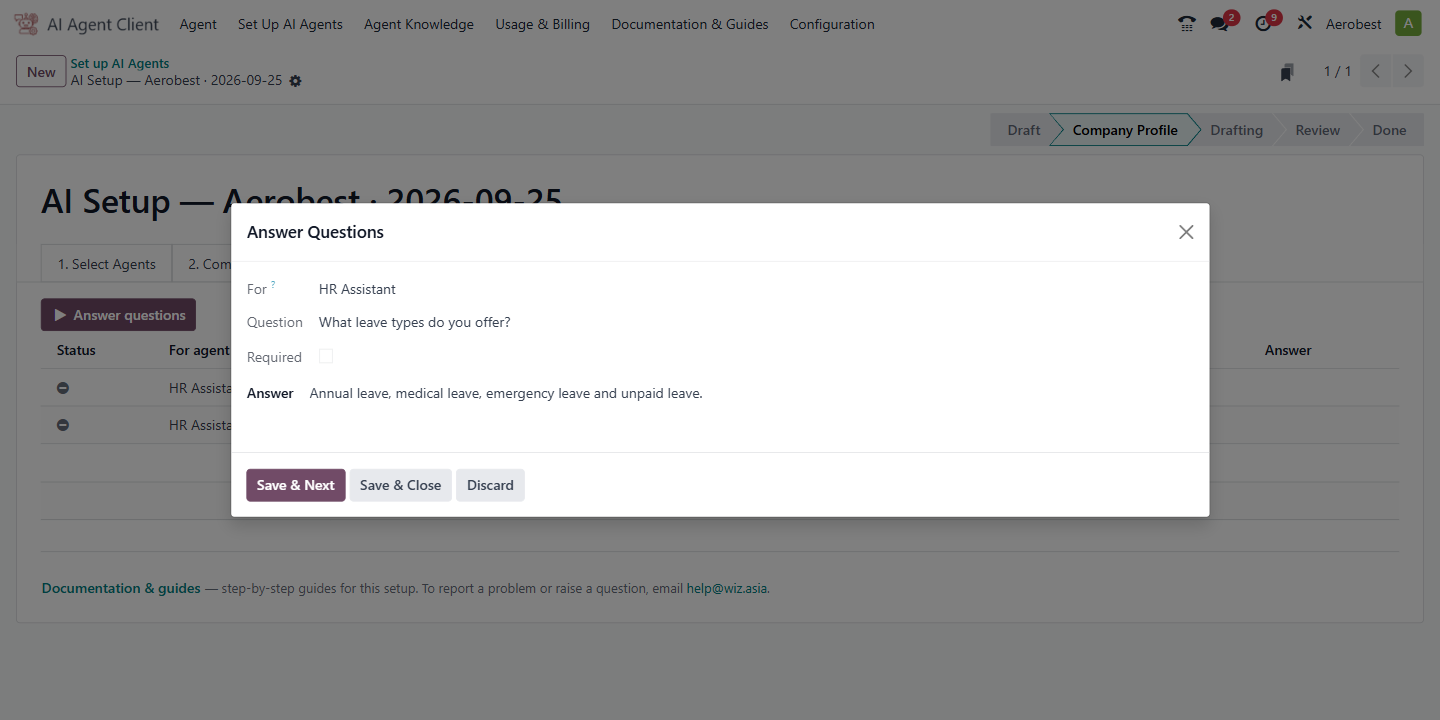 The Answer Questions dialog open over the Answer Questions tab
