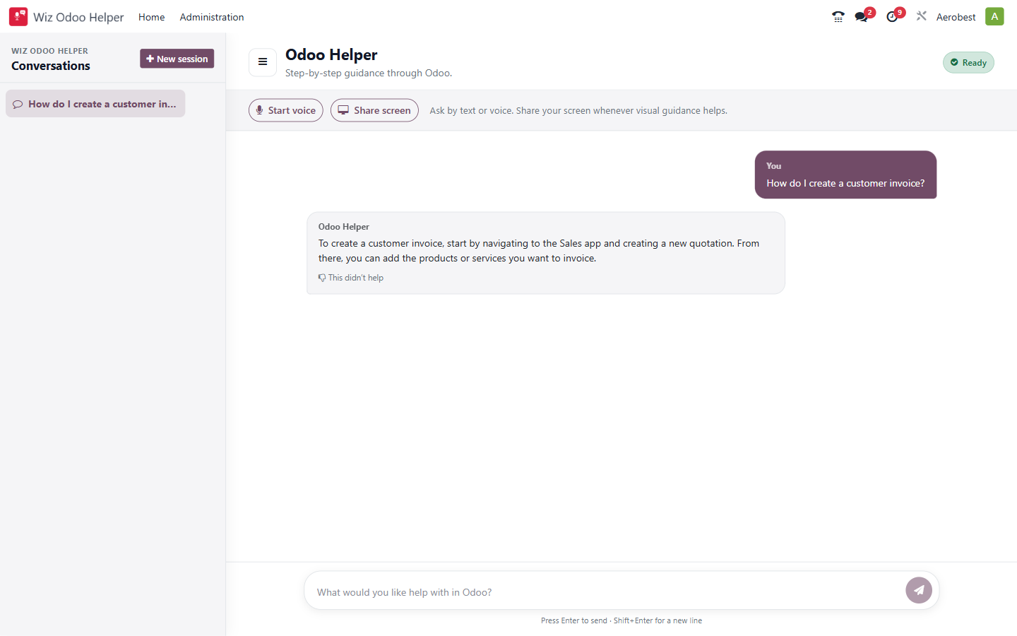 The Odoo Helper: past conversations on the left, voice and screen sharing at the top, and a first question and answer
