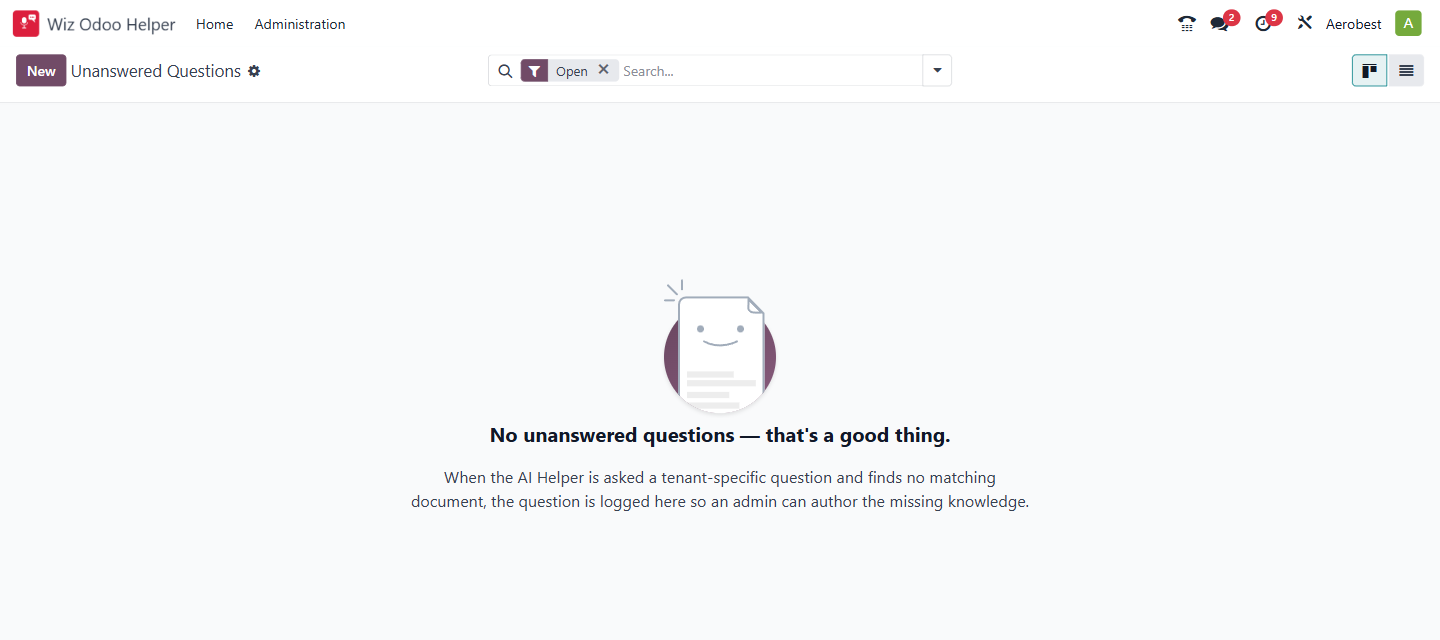 The Unanswered Questions screen when there is nothing to answer