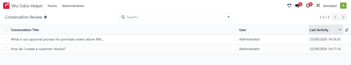 The Conversation Review list: one row per conversation, most recent first
