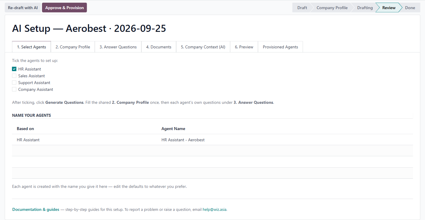 The Select Agents tab after Generate Questions, with the Name Your Agents table