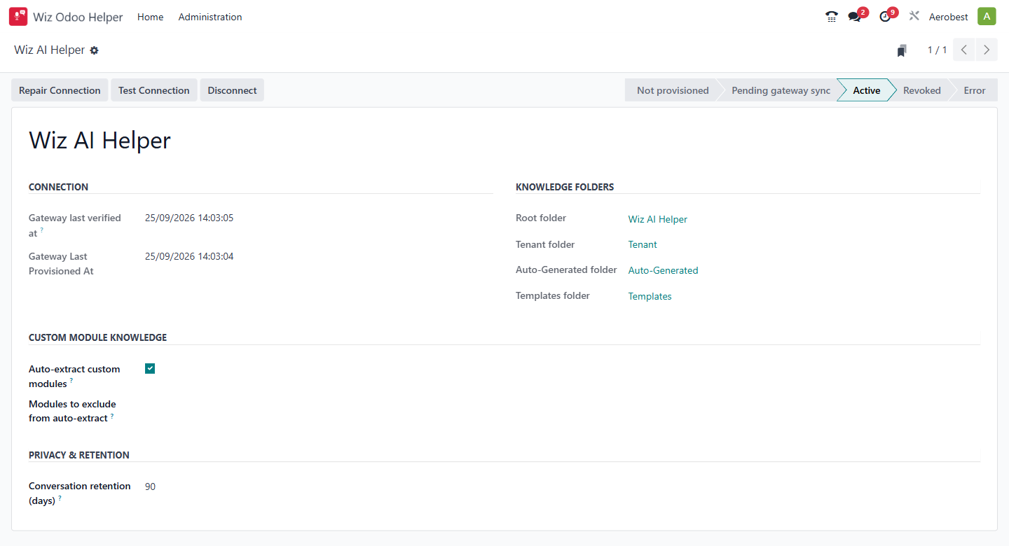 The Helper Configuration screen: connection status, knowledge folders, custom-module knowledge and retention