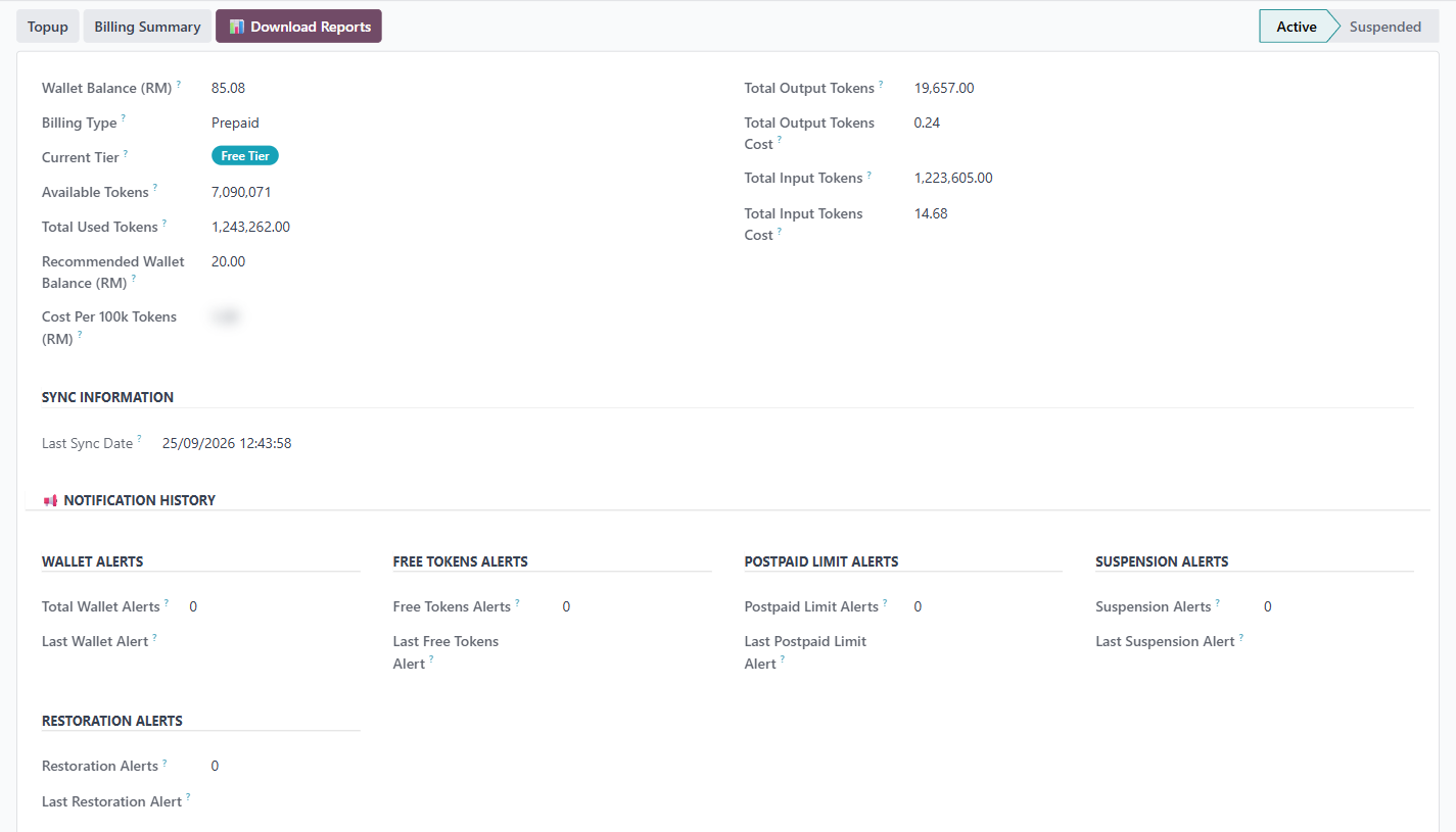 The Wallet and Plan screen: balance, tier, token totals and alert counters. The rate per 100,000 tokens is blurred.