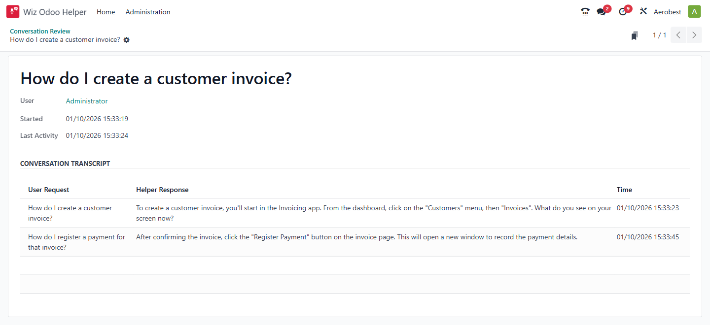 A conversation's transcript: the user, when it started and its last activity, then each question with the Helper's answer and the time it was asked